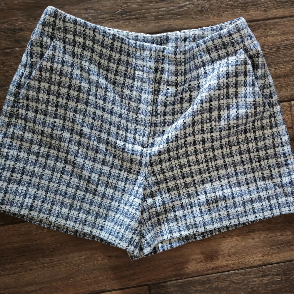 LOFT Womens Tweed Shorts Blue White Plaid Cotton Blend Size 8